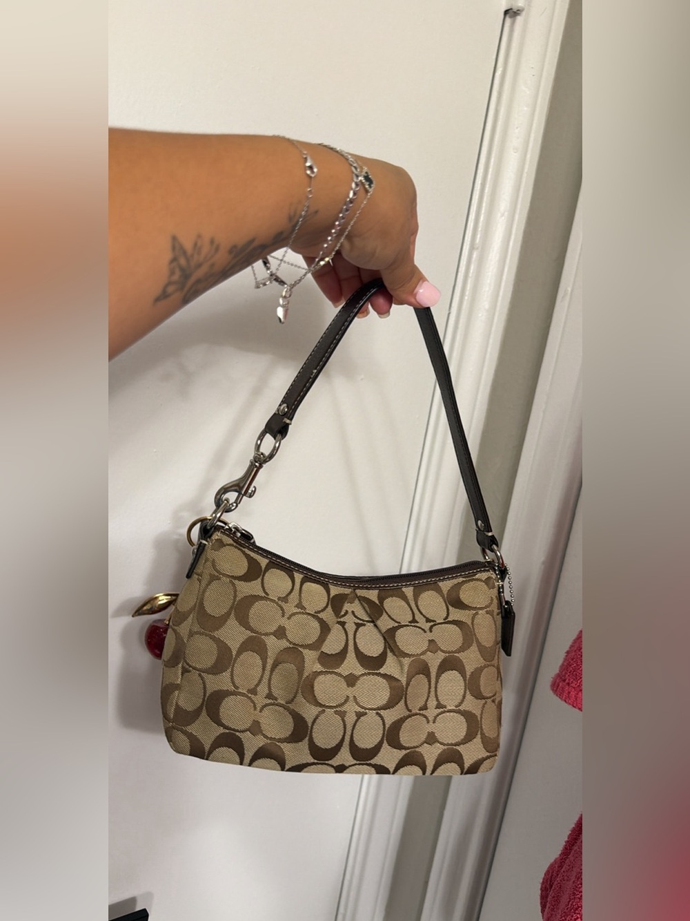 Coach Tan Signature Canvas Shoulder Bag with Red Cherry Charm - Picture 3 of 7